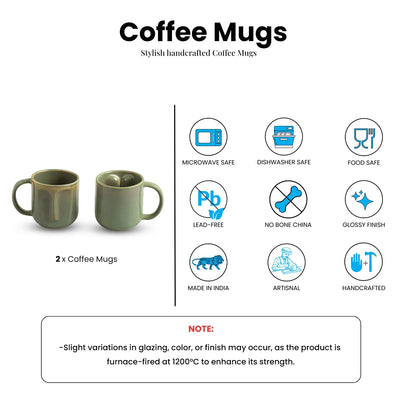 ExclusiveLane 'Sage Serenity' Porcelain Tea & Coffee Mugs (Set of 2, 380 ML, Microwave Safe, Hand Glazed)