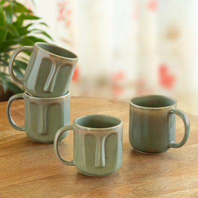 ExclusiveLane 'Sage Serenity' Porcelain Tea & Coffee Mugs (Set of 4, 380 , Microwave Safe, Hand Glazed)