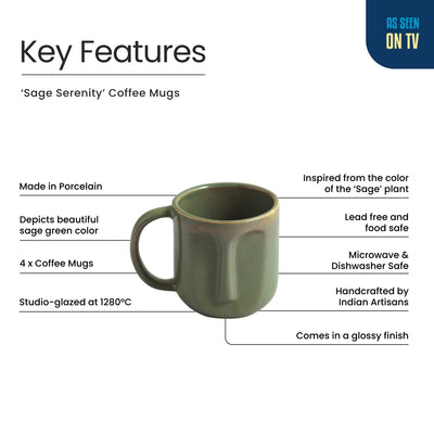 ExclusiveLane 'Sage Serenity' Porcelain Tea & Coffee Mugs (Set of 4, 380 , Microwave Safe, Hand Glazed)