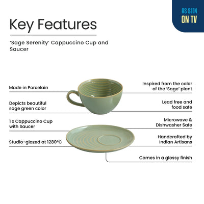 ExclusiveLane 'Sage Serenity' Porcelain Cappuccino Coffee Cup & Saucer (280 ML, Microwave Safe, Hand Glazed)