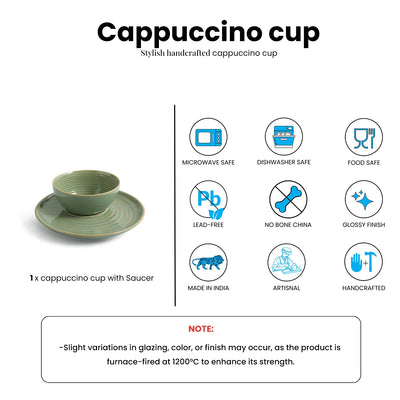 ExclusiveLane 'Sage Serenity' Porcelain Cappuccino Coffee Cup & Saucer (280 ML, Microwave Safe, Hand Glazed)