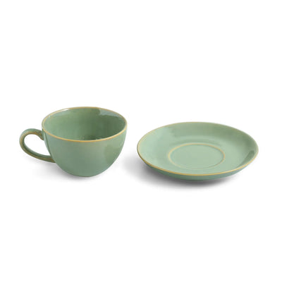 ExclusiveLane 'Sage Serenity' Porcelain Cappuccino Coffee Cup & Saucer (280 ML, Microwave Safe, Hand Glazed)