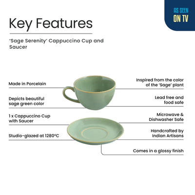 ExclusiveLane 'Sage Serenity' Porcelain Cappuccino Coffee Cup & Saucer (280 ML, Microwave Safe, Hand Glazed)