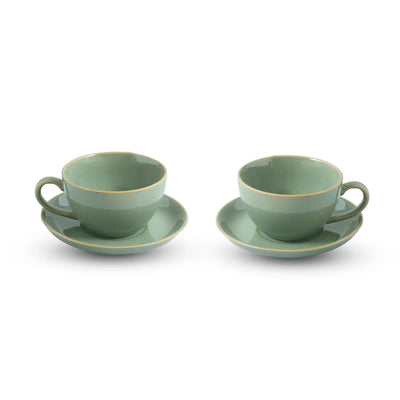 ExclusiveLane 'Sage Serenity' Porcelain Cappuccino Cups & Saucers For Coffee (Set of 2, 280 ML, Microwave Safe, Hand Glazed)
