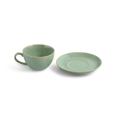 ExclusiveLane 'Sage Serenity' Porcelain Cappuccino Cups & Saucers For Coffee (Set of 2, 280 ML, Microwave Safe, Hand Glazed)