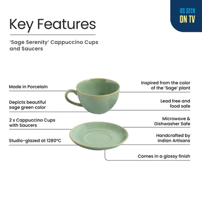 ExclusiveLane 'Sage Serenity' Porcelain Cappuccino Cups & Saucers For Coffee (Set of 2, 280 ML, Microwave Safe, Hand Glazed)