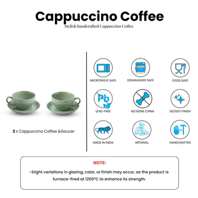 ExclusiveLane 'Sage Serenity' Porcelain Cappuccino Cups & Saucers For Coffee (Set of 2, 280 ML, Microwave Safe, Hand Glazed)
