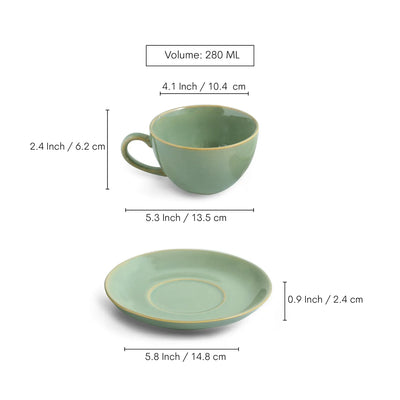 ExclusiveLane 'Sage Serenity' Porcelain Cappuccino Cups & Saucers For Coffee (Set of 2, 280 ML, Microwave Safe, Hand Glazed)