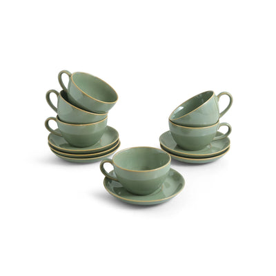 ExclusiveLane 'Sage Serenity' Porcelain Cappuccino Cups & Saucers For Coffee (Set of 6, 280 ML, Microwave Safe, Hand Glazed)
