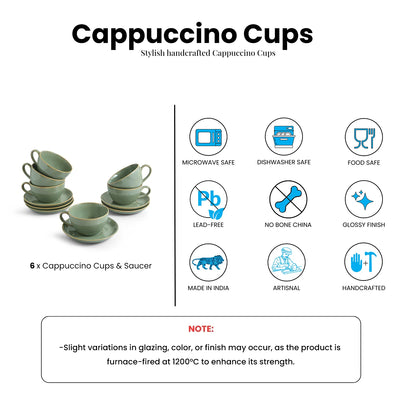 ExclusiveLane 'Sage Serenity' Porcelain Cappuccino Cups & Saucers For Coffee (Set of 6, 280 ML, Microwave Safe, Hand Glazed)