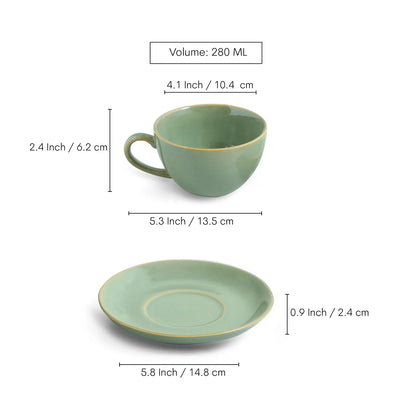 ExclusiveLane 'Sage Serenity' Porcelain Cappuccino Cups & Saucers For Coffee (Set of 6, 280 ML, Microwave Safe, Hand Glazed)