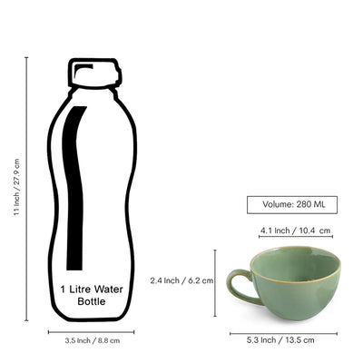 ExclusiveLane 'Sage Serenity' Porcelain Cappuccino Cups & Saucers For Coffee (Set of 6, 280 ML, Microwave Safe, Hand Glazed)