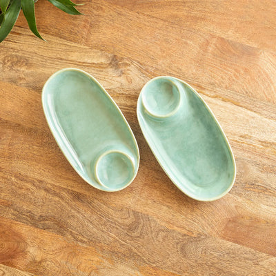 ExclusiveLane 'Sage Serenity' Ceramic Chip-N-Dip Serving Platters (Set Of 2, Microwave Safe, Hand Glazed)
