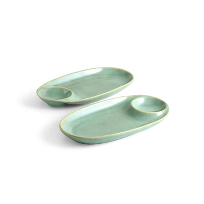 ExclusiveLane 'Sage Serenity' Ceramic Chip-N-Dip Serving Platters (Set Of 2, Microwave Safe, Hand Glazed)