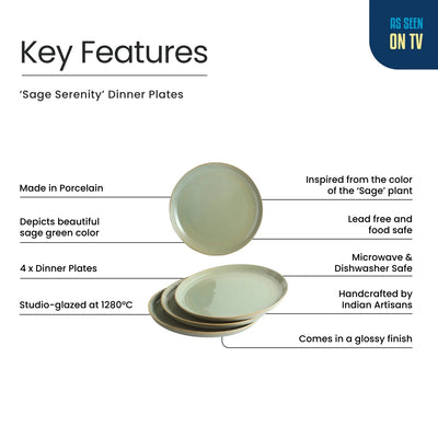 ExclusiveLane 'Sage Serenity' Porcelain Dinner Plates (Set of 4, Microwave Safe, Hand Glazed)