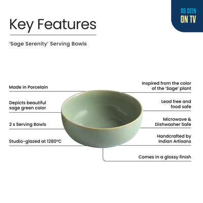 ExclusiveLane 'Sage Serenity' Porcelain Serving/Snack Bowls (Set Of 2, 720 ML, Hand Glazed)