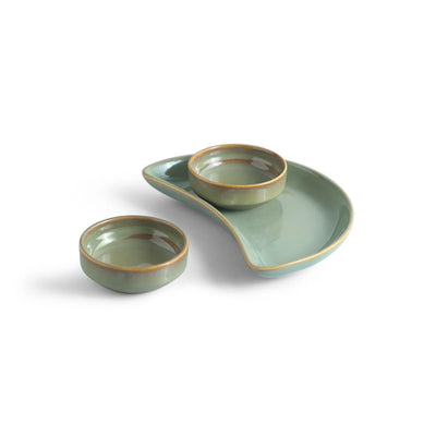 ExclusiveLane 'Sage Serenity' Porcelain Chutney & Pickle Bowls With Tray (Set Of 2, Microwave Safe, Handglazed)