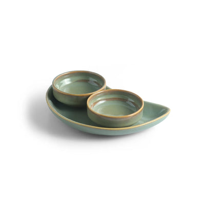 ExclusiveLane 'Sage Serenity' Porcelain Chutney & Pickle Bowls With Tray (Set Of 2, Microwave Safe, Handglazed)