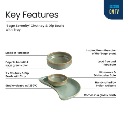 ExclusiveLane 'Sage Serenity' Porcelain Chutney & Pickle Bowls With Tray (Set Of 2, Microwave Safe, Handglazed)