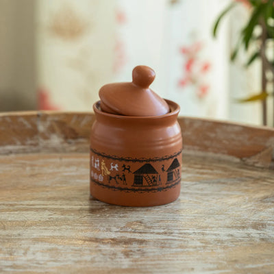 ExclusiveLane 'Warli Village Tales' Multi-Purpose Ceramic Pickle & Chutney Jar with Lid (Non Air-Tight, 250 ML, Handcrafted)