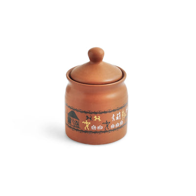 ExclusiveLane 'Warli Village Tales' Multi-Purpose Ceramic Pickle & Chutney Jar with Lid (Non Air-Tight, 250 ML, Handcrafted)