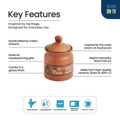 ExclusiveLane 'Warli Village Tales' Multi-Purpose Ceramic Pickle & Chutney Jar with Lid (Non Air-Tight, 250 ML, Handcrafted)