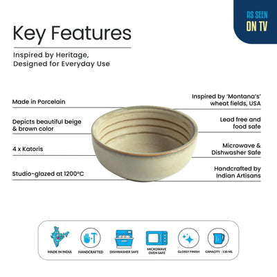 ExclusiveLane 'Wheat Serenity' Porcelain Dinner Bowls/Katoris (Set Of 4, 130 ML, Microwave Safe, Hand Glazed)