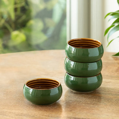 ExclusiveLane 'Forest Canopy' Ceramic Dinner Bowls/Katoris (Set of 4, 140 ML, Microwave Safe, Hand Glazed)