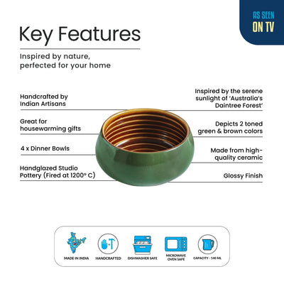 ExclusiveLane 'Forest Canopy' Ceramic Dinner Bowls/Katoris (Set of 4, 140 ML, Microwave Safe, Hand Glazed)