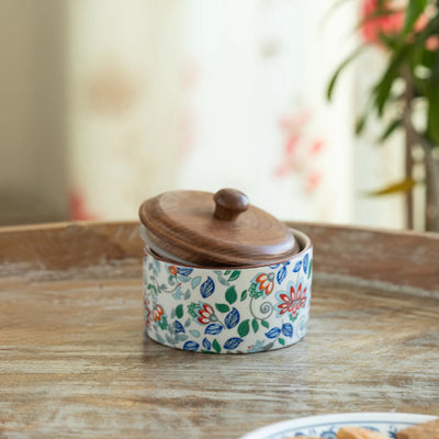 ExclusiveLane 'Floral Fusion' Multi-Utility Storage Jar & Container In Ceramic With Wooden Lid (Airtight, 250 ML, Handrcafted, 9.0 Cm)