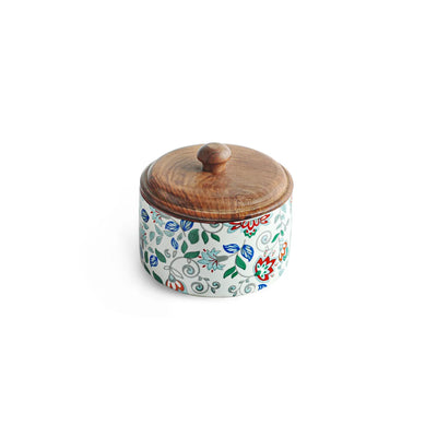 ExclusiveLane 'Floral Fusion' Multi-Utility Storage Jar & Container In Ceramic With Wooden Lid (Airtight, 250 ML, Handrcafted, 9.0 Cm)