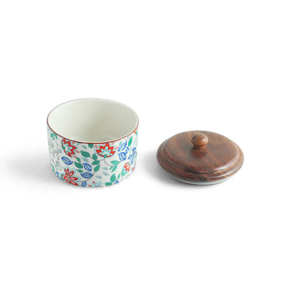 ExclusiveLane 'Floral Fusion' Multi-Utility Storage Jar & Container In Ceramic With Wooden Lid (Airtight, 250 ML, Handrcafted, 9.0 Cm)