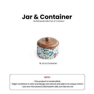 ExclusiveLane 'Floral Fusion' Multi-Utility Storage Jar & Container In Ceramic With Wooden Lid (Airtight, 250 ML, Handrcafted, 9.0 Cm)