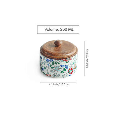 ExclusiveLane 'Floral Fusion' Multi-Utility Storage Jar & Container In Ceramic With Wooden Lid (Airtight, 250 ML, Handrcafted, 9.0 Cm)
