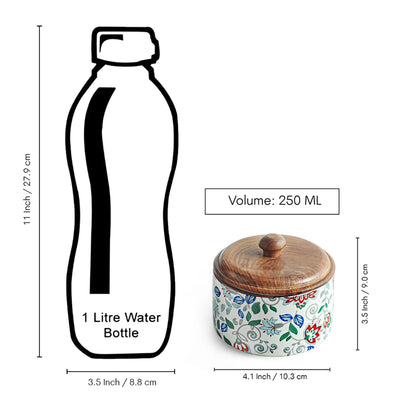 ExclusiveLane 'Floral Fusion' Multi-Utility Storage Jar & Container In Ceramic With Wooden Lid (Airtight, 250 ML, Handrcafted, 9.0 Cm)