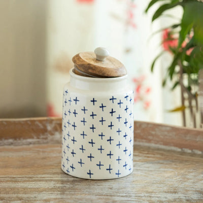 ExclusiveLane 'StarMark' Multi-Utility Storage Jar & Container In Ceramic With Wooden Lid (Airtight, 670 ML, Hand-Painted, 18 Cm)