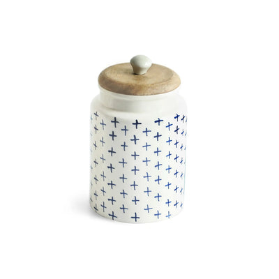 ExclusiveLane 'StarMark' Multi-Utility Storage Jar & Container In Ceramic With Wooden Lid (Airtight, 670 ML, Hand-Painted, 18 Cm)