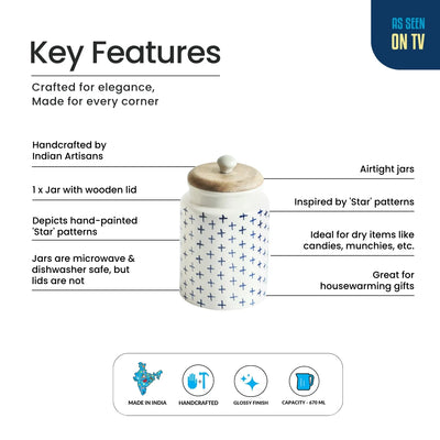 ExclusiveLane 'StarMark' Multi-Utility Storage Jar & Container In Ceramic With Wooden Lid (Airtight, 670 ML, Hand-Painted, 18 Cm)