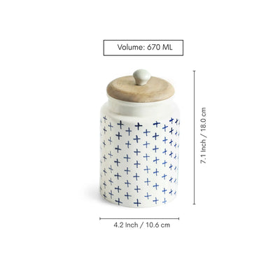 ExclusiveLane 'StarMark' Multi-Utility Storage Jar & Container In Ceramic With Wooden Lid (Airtight, 670 ML, Hand-Painted, 18 Cm)