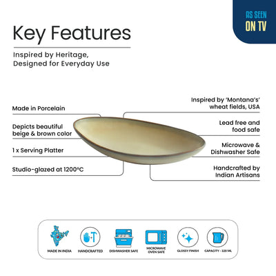 ExclusiveLane 'Wheat Serenity' Porcelain Serving Platter (Set of 1, 320 ML, Microwave Safe, Hand Glazed)