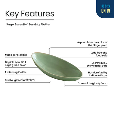 ExclusiveLane 'Sage Serenity' Porcelain Serving Platter (Microwave Safe, Hand Glazed)