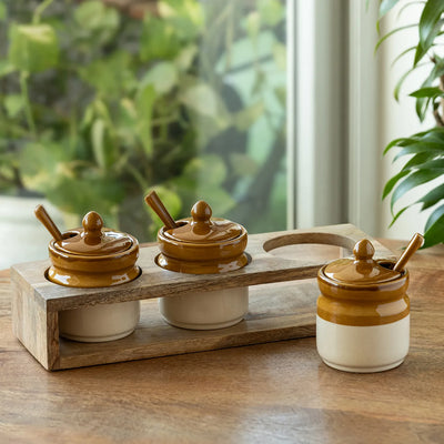 ExclusiveLane 'Barni Tales' Multi-Purpose Ceramic Pickle & Chutney Jar Set With Spoons & Wooden Holder (Set Of 3, Non-Airtight, 270 ML, Hand-Glazed)