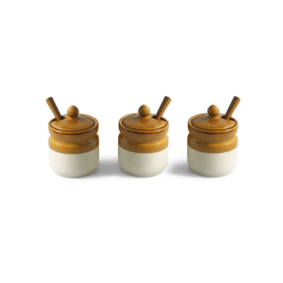 ExclusiveLane 'Barni Tales' Multi-Purpose Ceramic Pickle & Chutney Jar Set With Spoons & Wooden Holder (Set Of 3, Non-Airtight, 270 ML, Hand-Glazed)