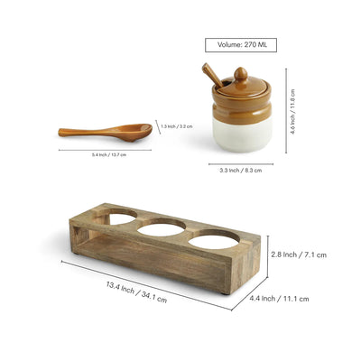 ExclusiveLane 'Barni Tales' Multi-Purpose Ceramic Pickle & Chutney Jar Set With Spoons & Wooden Holder (Set Of 3, Non-Airtight, 270 ML, Hand-Glazed)