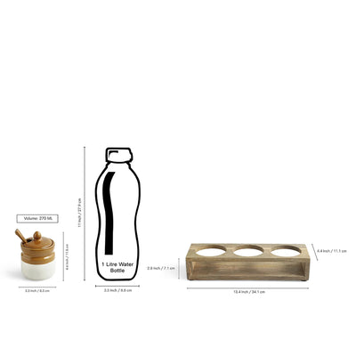 ExclusiveLane 'Barni Tales' Multi-Purpose Ceramic Pickle & Chutney Jar Set With Spoons & Wooden Holder (Set Of 3, Non-Airtight, 270 ML, Hand-Glazed)
