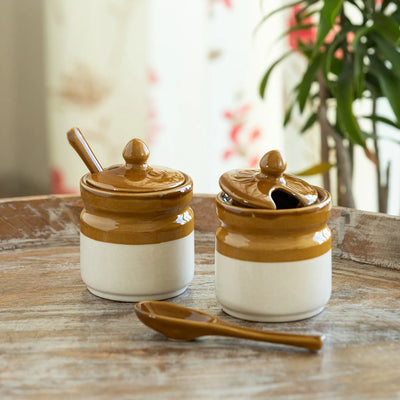ExclusiveLane 'Barni Tales' Multi-Purpose Ceramic Pickle & Chutney Jar Set With Spoons (Set Of 2, Non-Airtight, 270 ML, Hand-Glazed)