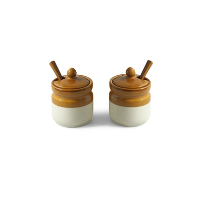 ExclusiveLane 'Barni Tales' Multi-Purpose Ceramic Pickle & Chutney Jar Set With Spoons (Set Of 2, Non-Airtight, 270 ML, Hand-Glazed)