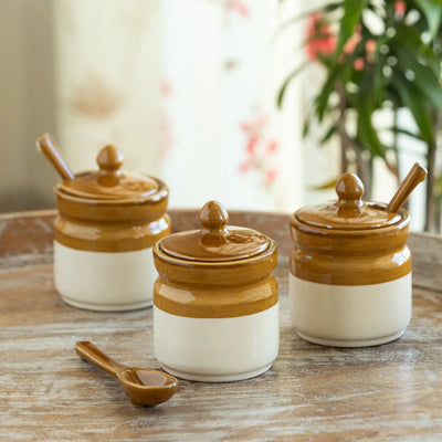 ExclusiveLane 'Barni Tales' Multi-Purpose Ceramic Pickle & Chutney Jar Set With Spoons (Set Of 3, Non-Airtight, 270 ML, Hand-Glazed)