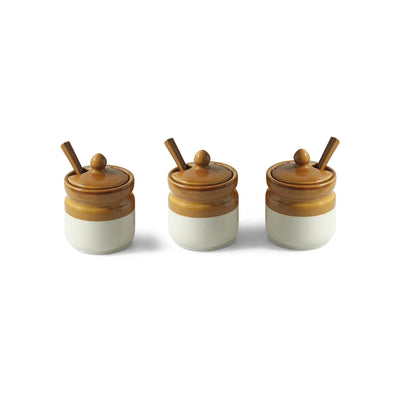 ExclusiveLane 'Barni Tales' Multi-Purpose Ceramic Pickle & Chutney Jar Set With Spoons (Set Of 3, Non-Airtight, 270 ML, Hand-Glazed)