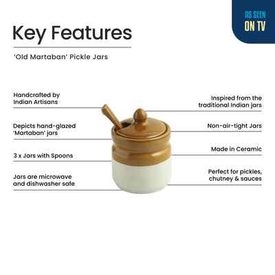 ExclusiveLane 'Barni Tales' Multi-Purpose Ceramic Pickle & Chutney Jar Set With Spoons (Set Of 3, Non-Airtight, 270 ML, Hand-Glazed)